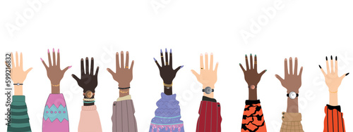 Set of hands raised up. Group of diverse human arms with accessories rising together. Concept of international volunteer community. Colored flat vector illustration isolated on white background