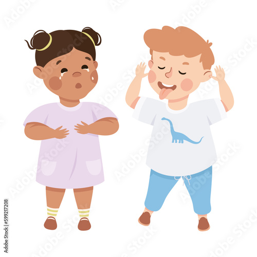 Bully boy mocking at crying girl. Bad manners, conflict at school, discrimination, bullying, intimidation of weak cartoon vector illustration