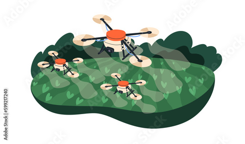 Irrigation drone flying over farm field. Agriculture copter fertilizer sprays pesticide on farmland, fertilizing land. Modern farming technology. Flat vector illustration isolated on white background