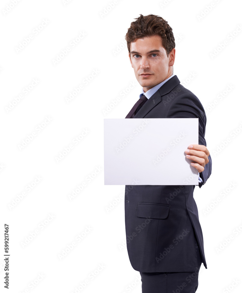 Handing you a document. A handsome young businessman holding a blank poster in his hand. Handing you a document. A handsome young businessman holding a blank poster in his hand.