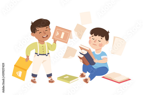 Aggressive bully boy throwing books of unhappy crying boy. Bad manners, conflict at school, bullying, intimidation of weak cartoon vector illustration