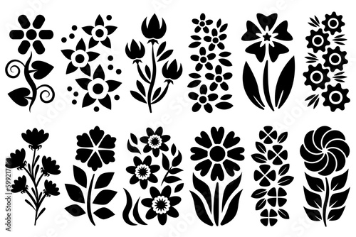 Flat flower designs. Floral drawings set. Collection of natural design elements. Black flat monochrome collection.