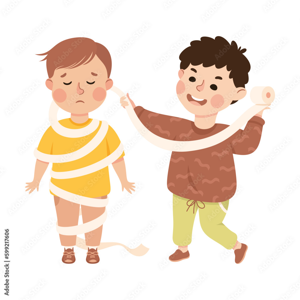 Aggressive bully boy wrapping classmate with toilet paper. Bad manners, conflict at school, bullying, intimidation of weak cartoon vector illustration Aggressive bully boy wrapping classmate with toilet paper. Bad manners, conflict at school, bullying, intimidation of weak cartoon vector illustration
