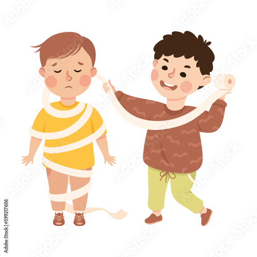 Aggressive bully boy wrapping classmate with toilet paper. Bad manners, conflict at school, bullying, intimidation of weak cartoon vector illustration