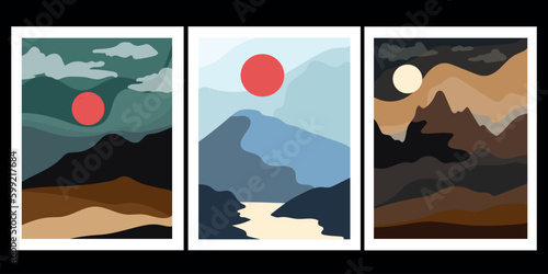 Set of minimal landscape with mountains, big hill, red sun, river, Vector background. photo