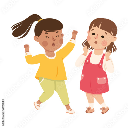 Aggressive bully girl abusing her classmate. Bad manners, conflict at school, bullying, intimidation of weak cartoon vector illustration