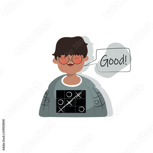 A boy in shirt tic tac toe , say Great. Vector illustration.