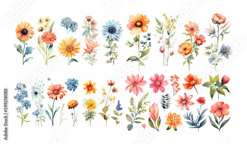 Watercolor Flowers Set. Botanical collection of wild and garden plants. Generative AI