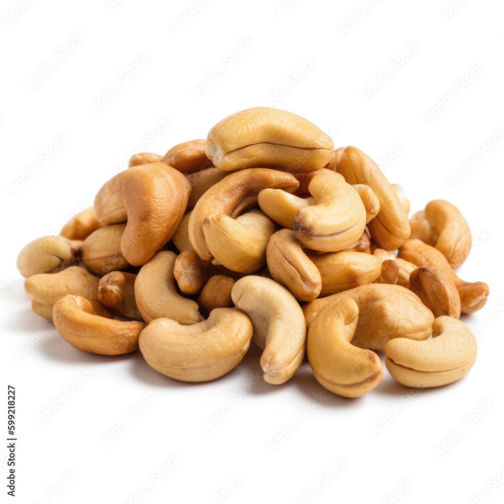 Pile of cashew nuts isolated on white background. Generative AI Pile of cashew nuts isolated on white background. Generative AI