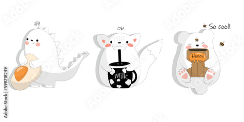 Flat vector illustration, animal set. Dino, fox, bear held in their paws: Egg, cup with milk and barrel of honey.