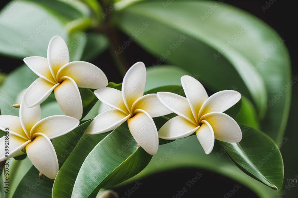 White frangipani flowers with green leaves in the background White frangipani flowers with green leaves in the background