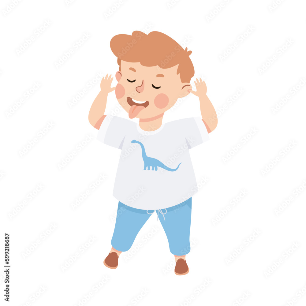 Little bully boy grimacing and teasing. Kid showing tongue and gesturing cartoon vector illustration