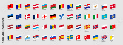 52 waving flags of European countries. Europe flag icon set. Flat element design. Vector isolated illustration