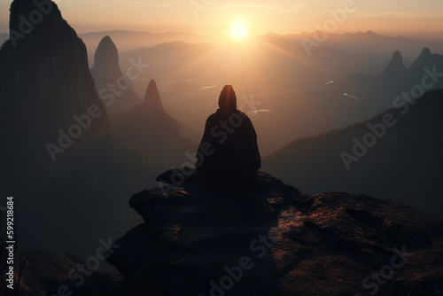 A cinematic shot of a lone figure perched atop a mountain peak, silhouetted against the setting sun. They sit in the lotus position, their eyes closed in deep meditation.