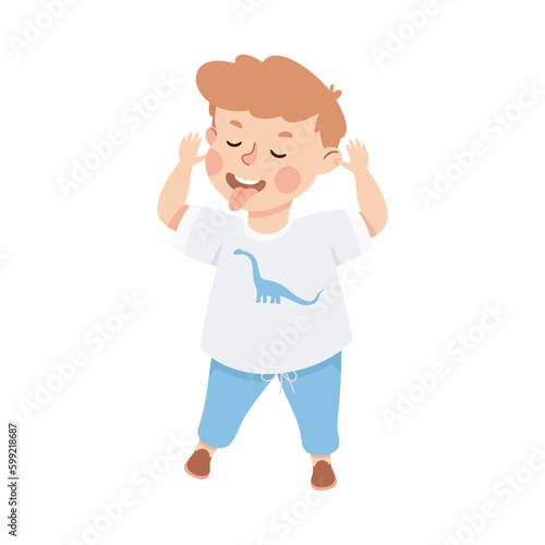 Little bully boy grimacing and teasing. Kid showing tongue and gesturing cartoon vector illustration