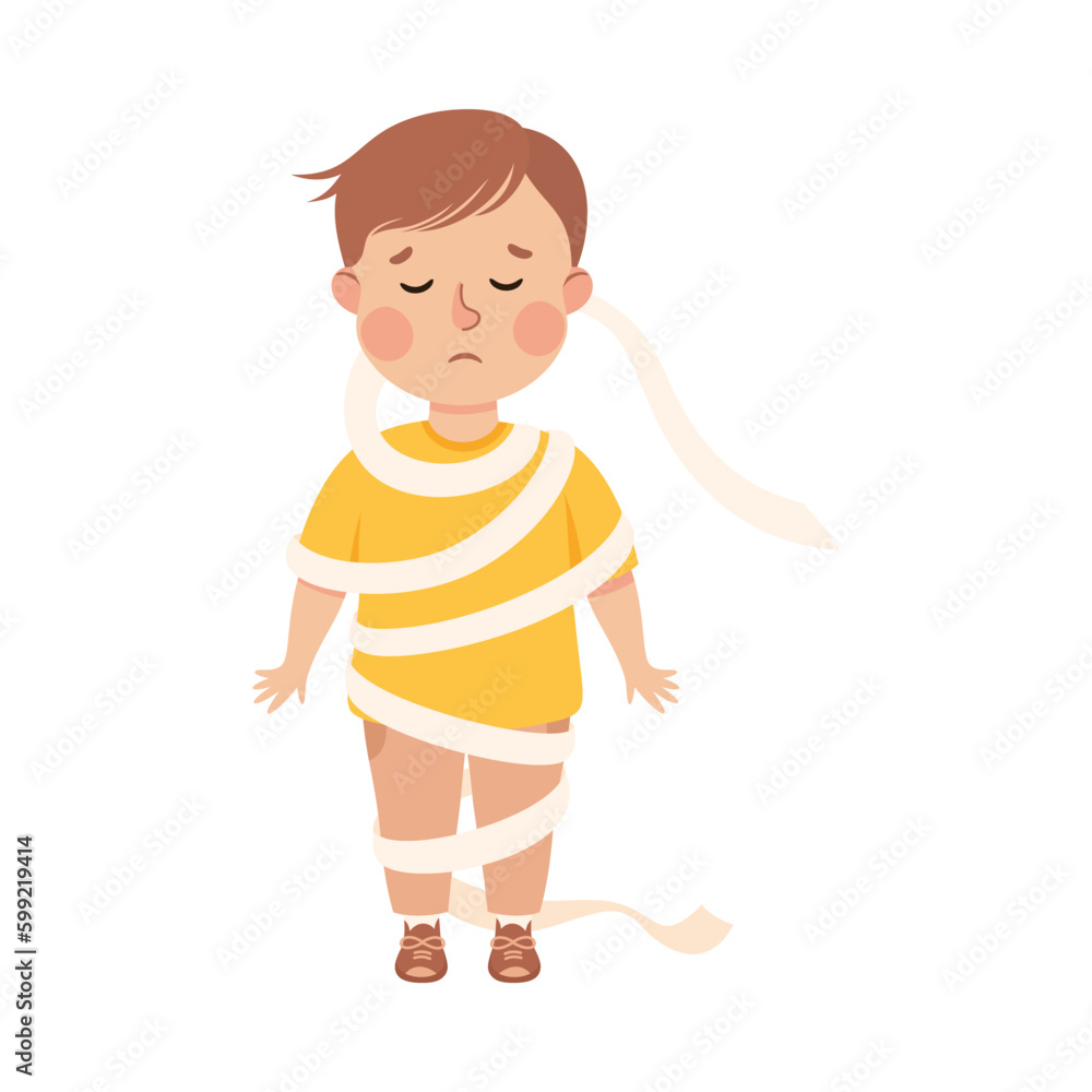 Upset boy wrapped with toilet paper. Stressed kid. Conflict at school, bullying, intimidation of weak cartoon vector illustration Upset boy wrapped with toilet paper. Stressed kid. Conflict at school, bullying, intimidation of weak cartoon vector illustration
