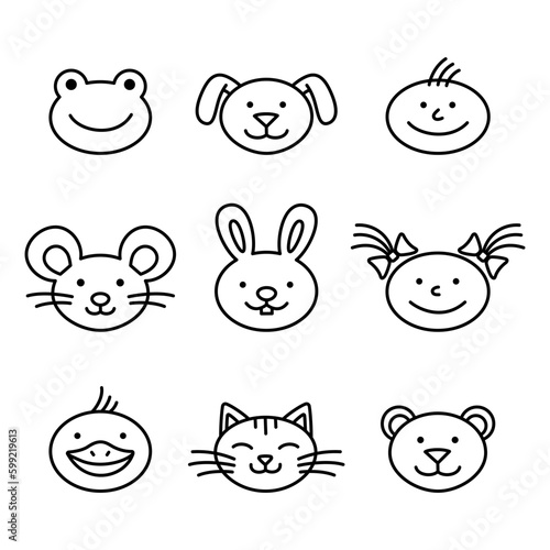 Animal and children faces. Doodle style. Hand drawn characters. Line art icons. Animal muzzles set.