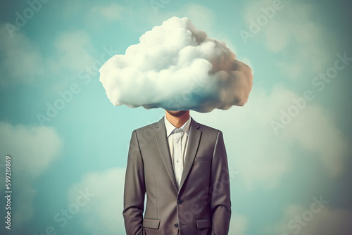 Businessman with a cloud instead of his head on blue sky background. Generative AI 