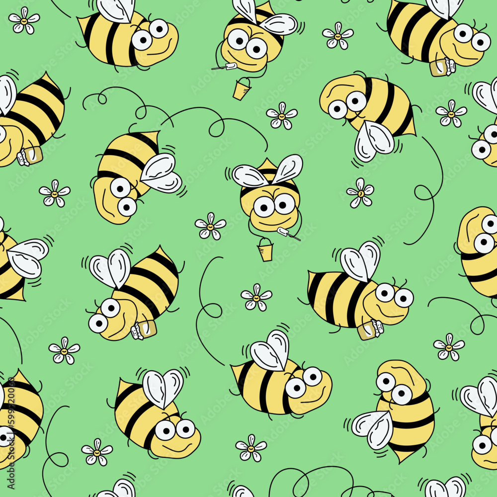 Fototapeta premium Pattern Seamless. Bees cartoon . Drawing, sketch. Doodle insect set. Bees fly with honey. Vector illustration, background isolated.