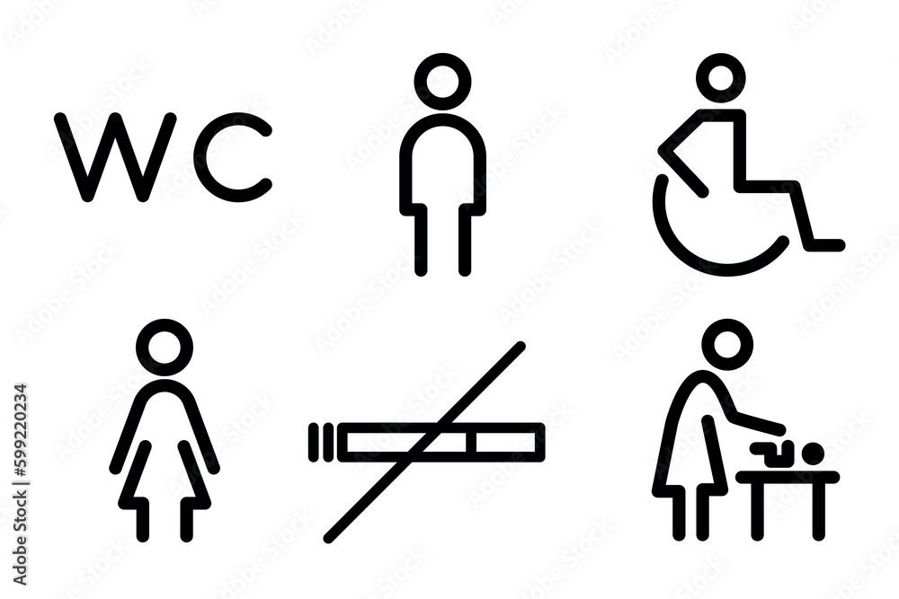 Toilet line icon set. WC sign. Man, woman, mother with baby and symbol. Restroom for male, female. Vector graphics Toilet line icon set. WC sign. Man, woman, mother with baby and symbol. Restroom for male, female. Vector graphics