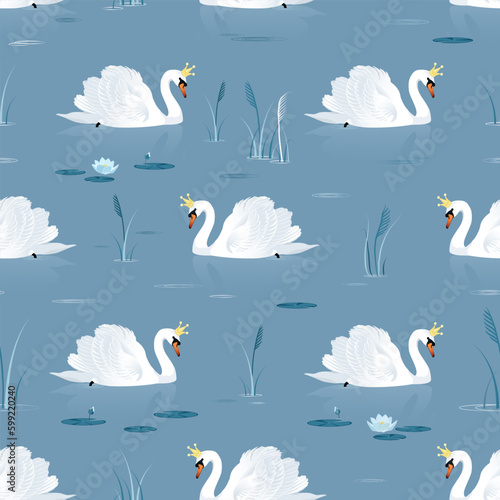 White swan bird in golden crown on lake surface between water lilies and reeds. Vector fairy tale pattern