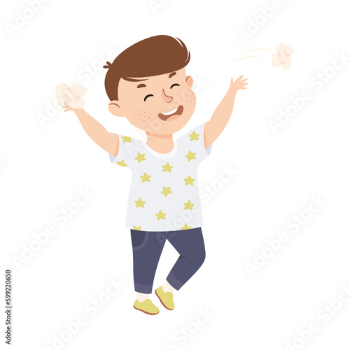 Little bully boy throwing crumpled papers. Hoodlum schoolkid cartoon vector illustration