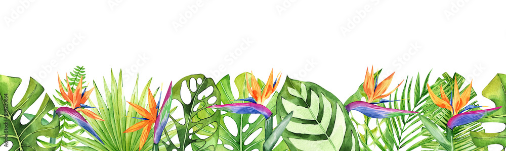 Seamless border with tropical leaves and flowers. Botanical composition ...