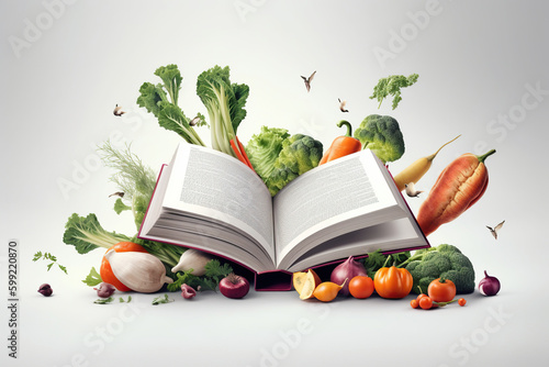 Levitation of open recipe book with fresh vegetables and fruits on white background, Cooking book ingredients, vegetarian diet flying food, AI Generative.