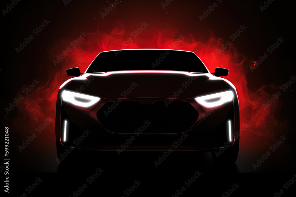 Front view dark silhouette of a modern luxury red car isolated on dark background with red neon light and smoke. Created with Generative AI Technology