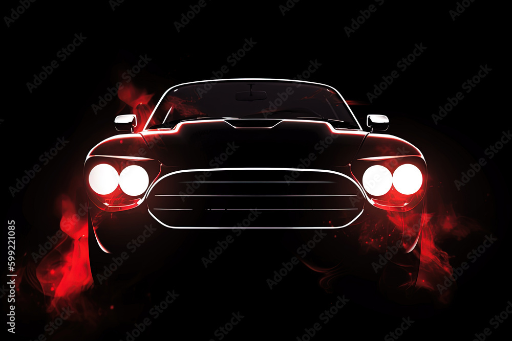 Front view dark silhouette of a luxury red car isolated on dark background with red neon light and smoke. Created with Generative AI Technology Front view dark silhouette of a luxury red car isolated on dark background with red neon light and smoke. Created with Generative AI Technology