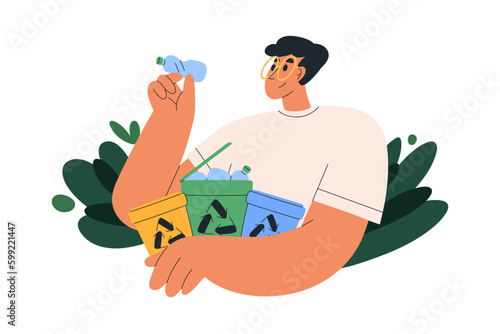 Sorting garbage, ecology concept. Person separating trash, throwing plastic bottle to containers. Man segregating, utilizing waste, rubbish. Eco flat vector illustration isolated on white background