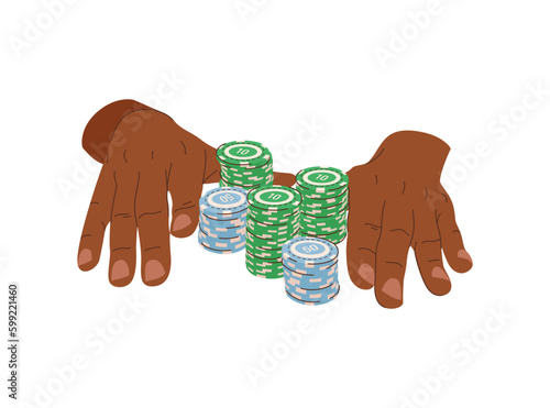 Playing chips in hands flat illustration. All in moment in poker. Black-skinned player in casino. Vector illustration for gambling industry Cards, rules and web banners for online casino.