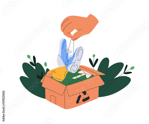 Eco recycled textile clothes. Donating used apparel to donation box. Reusing garments, fabric. Zero waste sustainable slow fashion concept. Flat vector illustration isolated on white background