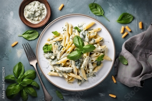 penne with spinach gorgonzola sauce top view, generativ ai