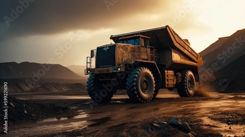 Mining truck working in a quarry at sunset. Generative AI