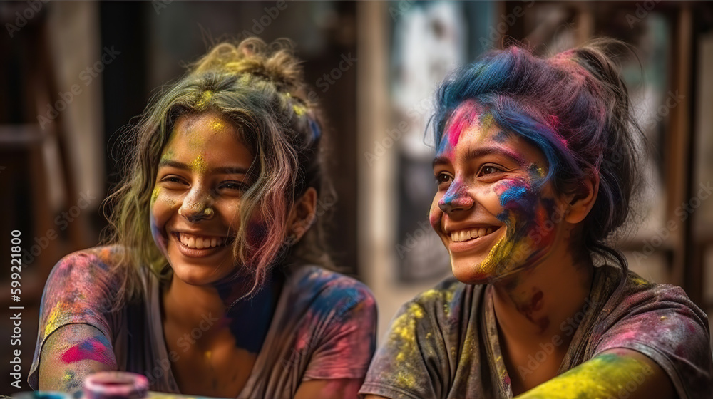 Two latin american sisters painting at home. Generative AI illustration. Two latin american sisters painting at home. Generative AI illustration.