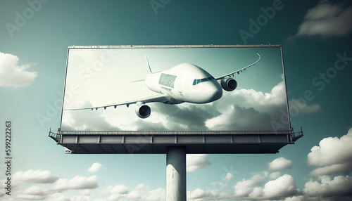 Reiseangebot auf Werbetafel Anzeigetafel mit Flugzeug und Platz für Text freigestellt, Werbung Reiseveranstalter, Generative AI  photo