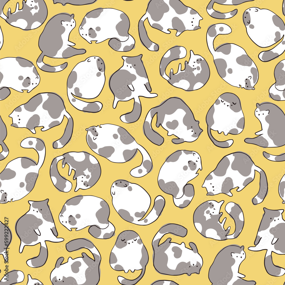 Fototapeta premium Funny cats in sketch style with one line spots. Vector seamless pattern. Hand-drawn cartoon animal characters in different poses. The limited pastel palette is perfect for print, textile, packaging.