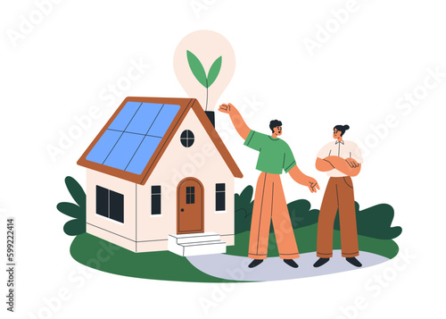 Eco-friendly green home. Smart future building, house with sustainable renewable energy, solar panels. Real estate and ecology, environment. Flat vector illustration isolated on white background
