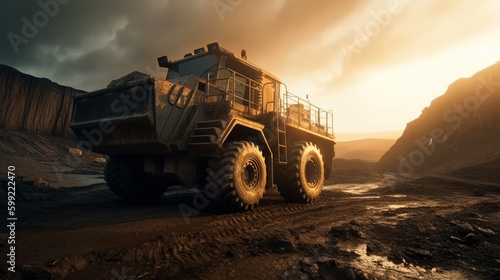 Mining truck working in a quarry at sunset. Generative AI