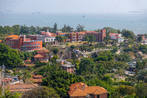 Close up view of the European-style architecture on Gulangyu Island on a sunny day, Xiamen, copy space for text, blue sky