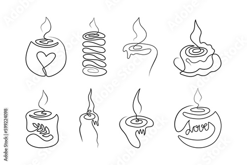 Set of various minimalistic continuous line burning candles for the logo. Candle in one line style. Isolated on white background