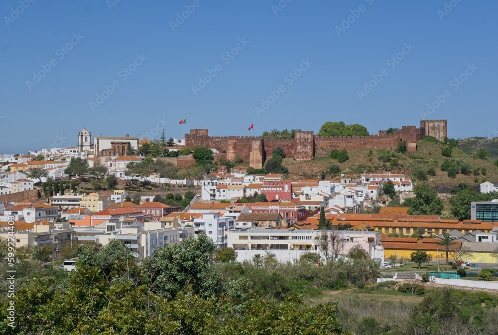 Silves, Portugal - April 11, 2023: The Castle of Silves is one of the best preserved Moorish fortifications in Portugal resulting in its classification as a National Monument in 1910. Selective focus