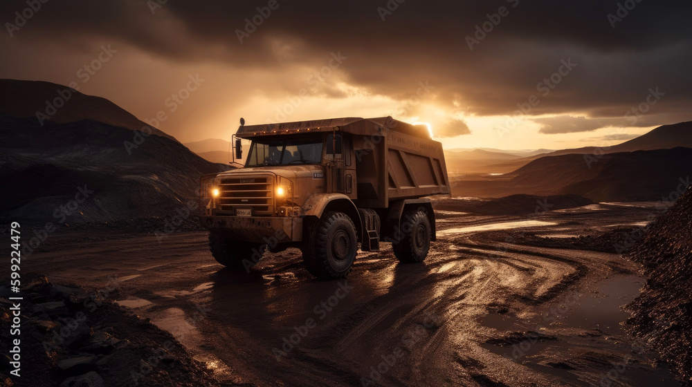 Mining truck working in a quarry at sunset. Generative AI Mining truck working in a quarry at sunset. Generative AI