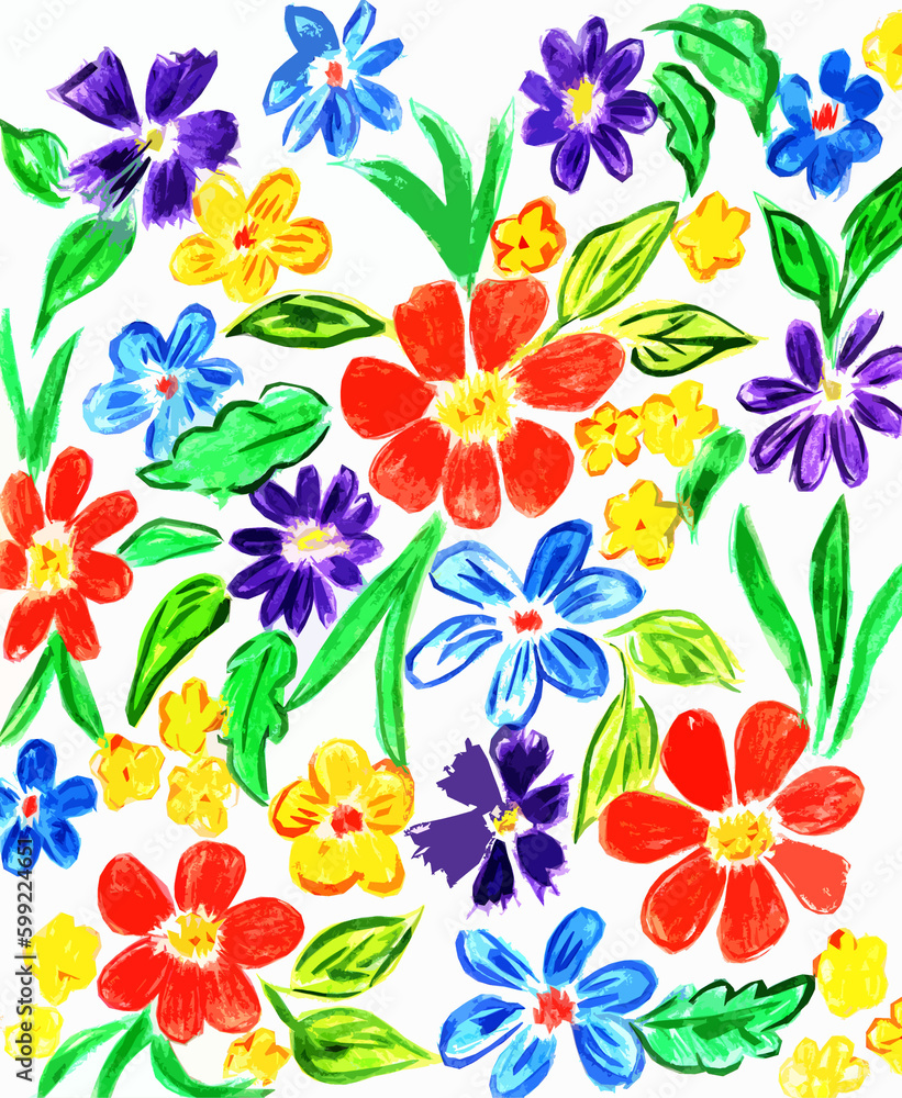 Purple, orange, yellow, blue flowers with green leaves on a white background Purple, orange, yellow, blue flowers with green leaves on a white background