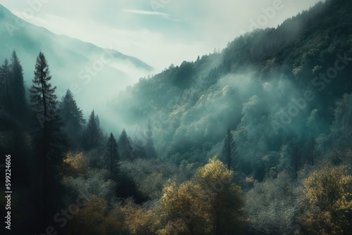 Obraz na plátně a dense forest with a great number of trees that is shrouded in mist Generative