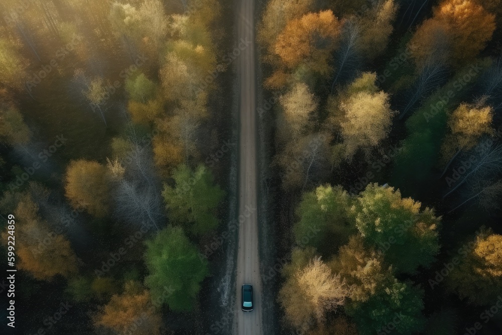 Aerial view over forest with a road going through with car. Narrow forest road.  Generative AI