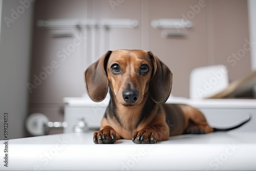 Cute little dachshund dog in the veterinary clinic on the table.  Generative AI © OleksandrZastrozhnov