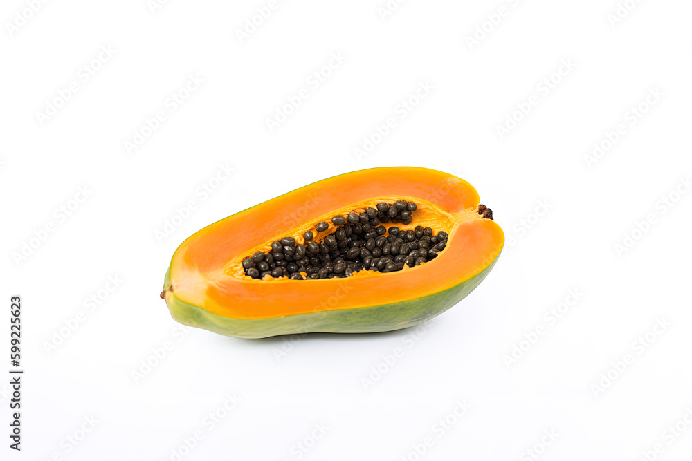 fresh sliced papaya fruit isolated on white background. Created with Generative AI Technology fresh sliced papaya fruit isolated on white background. Created with Generative AI Technology