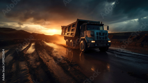 Mining truck working in a quarry at sunset. Generative AI